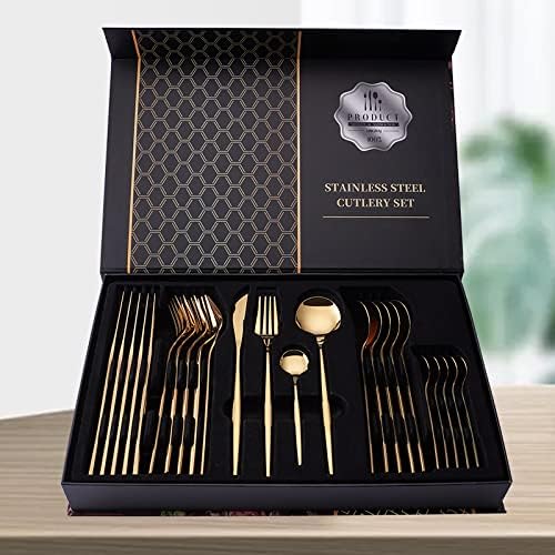 24-Piece Gold Silverware Set Gold Flatware Set for 6, Gold Spoons and Forks Set, Stainless Steel Gold Cutlery Set for Home Kitchen Restaurant Wedding, Mirror Polished Utensils Set, Dishwasher Safe