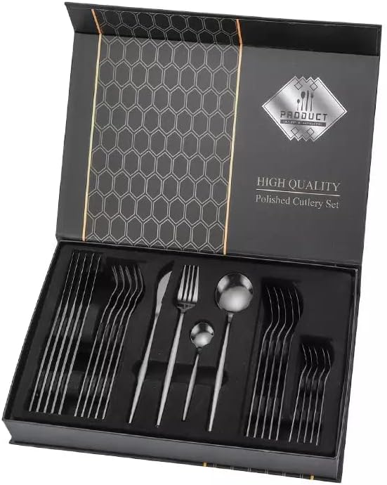 24-Piece Black Silverware Set Black Flatware Set for 6, Stainless Steel Cubiertos Cutlery Set, Forks and Spoons Apartment Utensils Set, Mirror Polished Eating Tableware Set, Dishwasher Safe