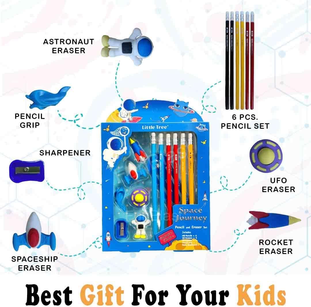 Space Galaxy Club Stationery Set for Kids: Includes 6 Pencils, 4 Erasers, Sharpener, Ruler Bookmark, and Pencil Cap - Perfect Return Gifts