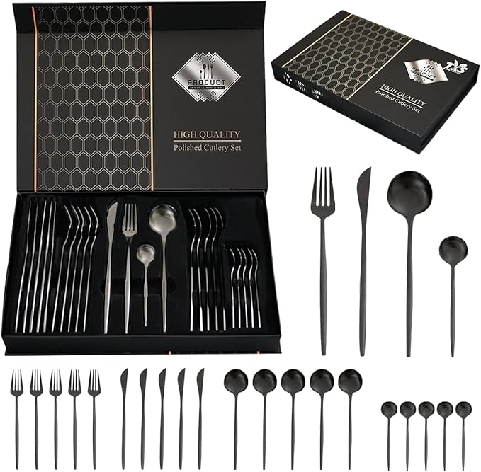 24-Piece Black Silverware Set Black Flatware Set for 6, Stainless Steel Cubiertos Cutlery Set, Forks and Spoons Apartment Utensils Set, Mirror Polished Eating Tableware Set, Dishwasher Safe