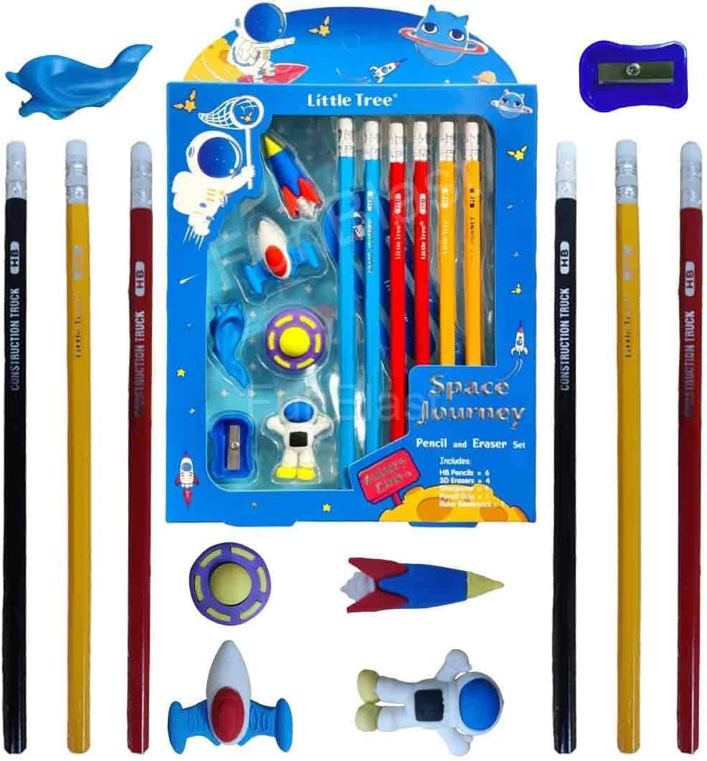 Space Galaxy Club Stationery Set for Kids: Includes 6 Pencils, 4 Erasers, Sharpener, Ruler Bookmark, and Pencil Cap - Perfect Return Gifts