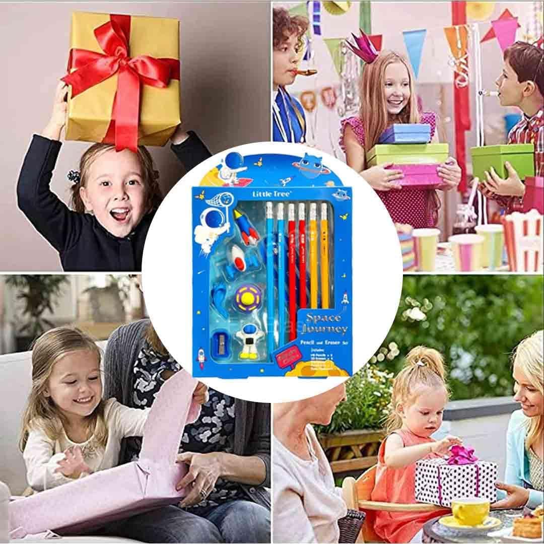 Space Galaxy Club Stationery Set for Kids: Includes 6 Pencils, 4 Erasers, Sharpener, Ruler Bookmark, and Pencil Cap - Perfect Return Gifts