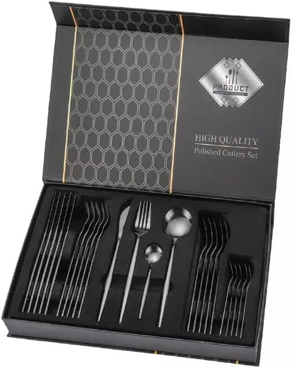 24-Piece Black Silverware Set Black Flatware Set for 6, Stainless Steel Cubiertos Cutlery Set, Forks and Spoons Apartment Utensils Set, Mirror Polished Eating Tableware Set, Dishwasher Safe