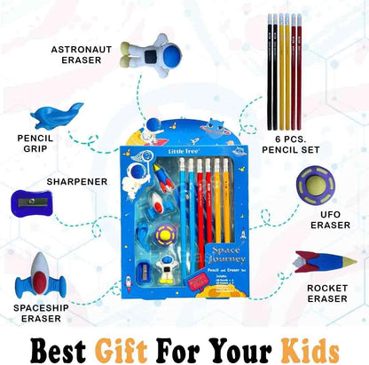 Space Galaxy Club Stationery Set for Kids: Includes 6 Pencils, 4 Erasers, Sharpener, Ruler Bookmark, and Pencil Cap - Perfect Return Gifts