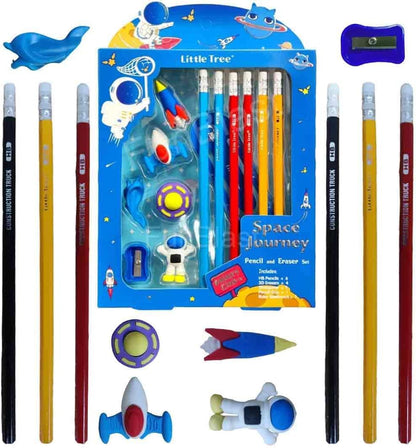 Space Galaxy Club Stationery Set for Kids: Includes 6 Pencils, 4 Erasers, Sharpener, Ruler Bookmark, and Pencil Cap - Perfect Return Gifts