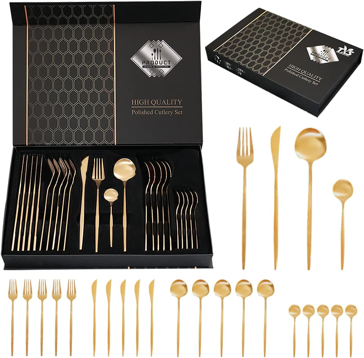 24-Piece Gold Silverware Set Gold Flatware Set for 6, Gold Spoons and Forks Set, Stainless Steel Gold Cutlery Set for Home Kitchen Restaurant Wedding, Mirror Polished Utensils Set, Dishwasher Safe