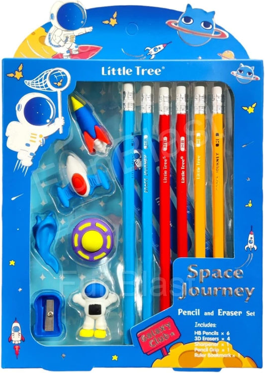 Space Galaxy Club Stationery Set for Kids: Includes 6 Pencils, 4 Erasers, Sharpener, Ruler Bookmark, and Pencil Cap - Perfect Return Gifts