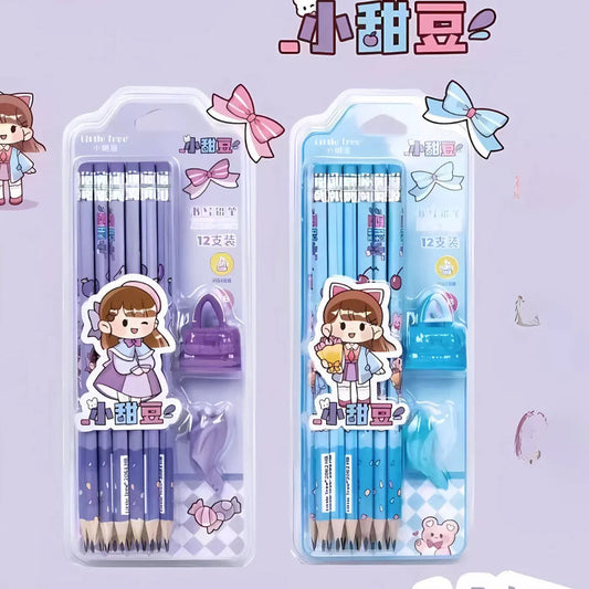 Girl Cartoon Pencil Set, Stationery Set For Girls, Colorful Pencils For Kids, Kids Eraser And Pencil Set-Assorted Colour