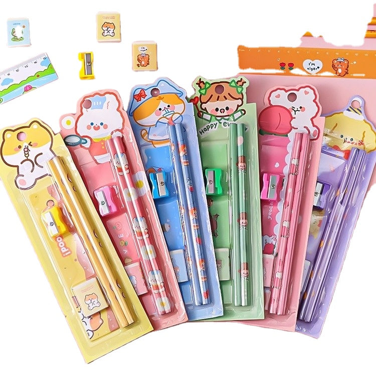 (PACK OF 2 )Cartoon 5 Pc Pencil Set Stationery Students Children's Sketch Supplies Kindergarten Prizes Set Stationary Set School
