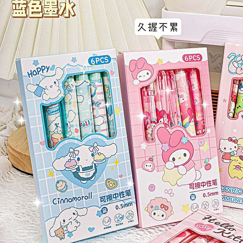 Cartoon Cute Bulk Hello Kt Erasable Neutral Blue Color Pressing Student Stationery Pens 6pcs/box Erasable Plastic Ballpoint Pens