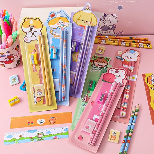 (PACK OF 2 )Cartoon 5 Pc Pencil Set Stationery Students Children's Sketch Supplies Kindergarten Prizes Set Stationary Set School