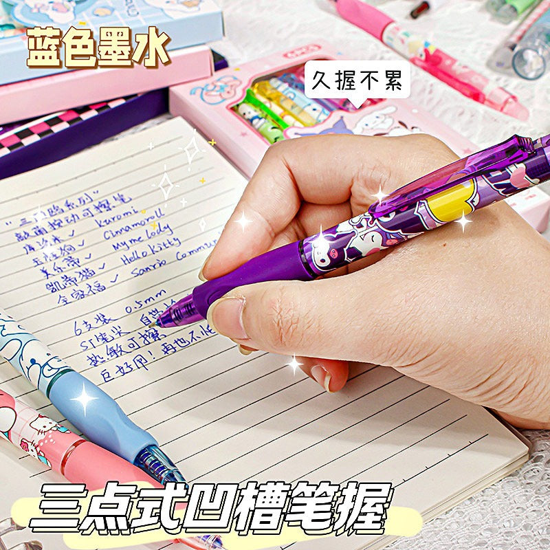 Cartoon Cute Bulk Hello Kt Erasable Neutral Blue Color Pressing Student Stationery Pens 6pcs/box Erasable Plastic Ballpoint Pens