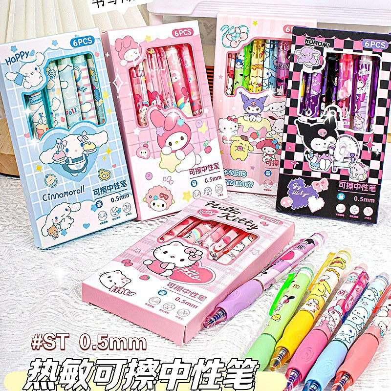 Cartoon Cute Bulk Hello Kt Erasable Neutral Blue Color Pressing Student Stationery Pens 6pcs/box Erasable Plastic Ballpoint Pens