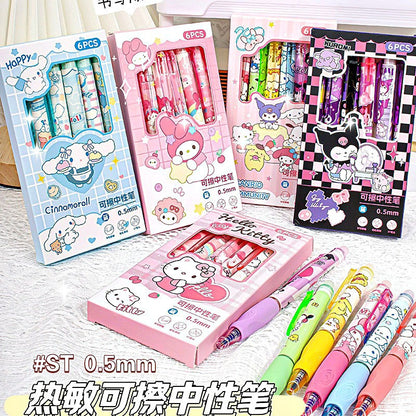 Cartoon Cute Bulk Hello Kt Erasable Neutral Blue Color Pressing Student Stationery Pens 6pcs/box Erasable Plastic Ballpoint Pens