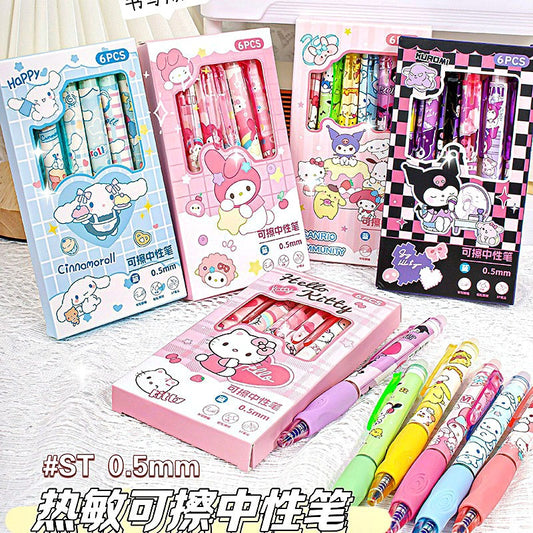 Cartoon Cute Bulk Hello Kt Erasable Neutral Blue Color Pressing Student Stationery Pens 6pcs/box Erasable Plastic Ballpoint Pens