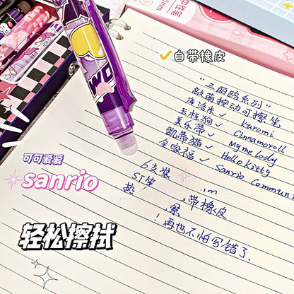 Cartoon Cute Bulk Hello Kt Erasable Neutral Blue Color Pressing Student Stationery Pens 6pcs/box Erasable Plastic Ballpoint Pens