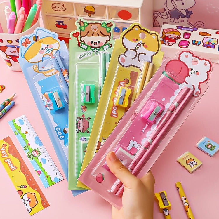 (PACK OF 2 )Cartoon 5 Pc Pencil Set Stationery Students Children's Sketch Supplies Kindergarten Prizes Set Stationary Set School