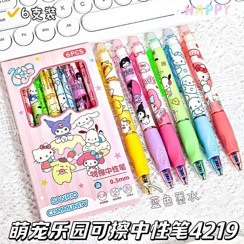 Cartoon Cute Bulk Hello Kt Erasable Neutral Blue Color Pressing Student Stationery Pens 6pcs/box Erasable Plastic Ballpoint Pens