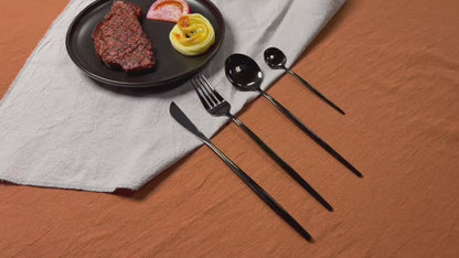 24-Piece Black Silverware Set Black Flatware Set for 6, Stainless Steel Cubiertos Cutlery Set, Forks and Spoons Apartment Utensils Set, Mirror Polished Eating Tableware Set, Dishwasher Safe